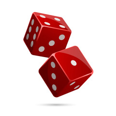 Throwing vegas casino red dice. One and four position cube. Take chance. Gambling addiction, risky money, lucky game. Concept of playing on real cash. Isolated on white background. Vector illustration