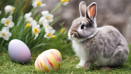 Fototapeta na wymiar Easter bunny. Easter eggs. Green grass. Generative AI.