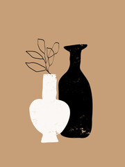 Modern botanical art prints with hand-drawn clay vases and jugs. Neutral colors textured ceramics design elements.