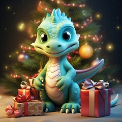 Naklejka premium Fantasy cute Dragon with Christmas hat Fantasy cute dragon with Christmas hat, New year's Card, Banner, Illustration, New Year 2024
