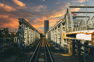 bridge and railway in the afternoon - obrazy, fototapety, plakaty