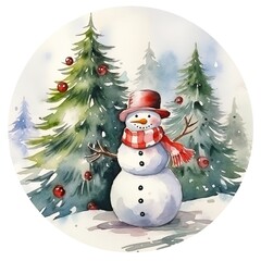 A watercolor painting depicting a Snowman and a Christmas tree, conveying the cheerful spirit of a Merry Christmas and New Year. Postcard, Banner, Calendar