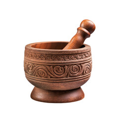 Carved wood mortar and pestle. Isolated on transparent background. - obrazy, fototapety, plakaty