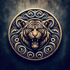 3d Tiger logo carving and engraving on dark background