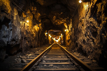 Fototapeta na wymiar Mine gold underground tunnel railroad