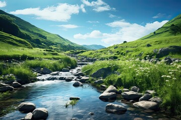 Landscape of Ireland with a river in the valley. Generative AI Art. Beautiful view.