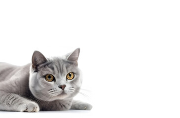 Lying british cat on a white background with copy-space