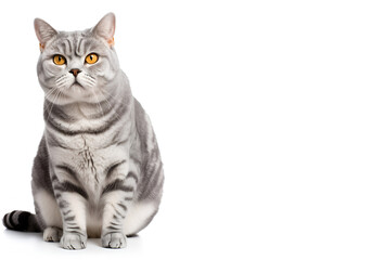 American shorthair cat on a white background with copy-space