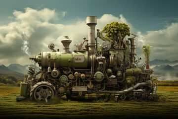Fototapeta na wymiar futuristic fusion of steam locomotive and farming equipment in the countryside