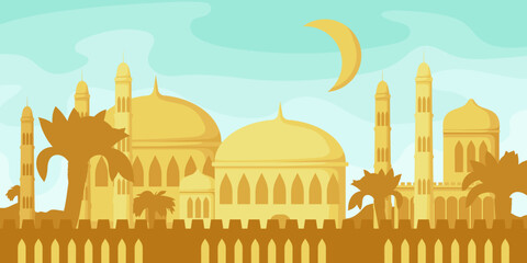 Arabian cityscape architecture, cartoon buildings, muslim antique mosque, ancient traditional town. Arab house silhouettes, historical authentic middle east religion urban. Vector illustration