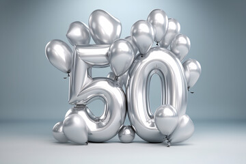 Shiny silver balloons in the shape of the number 50