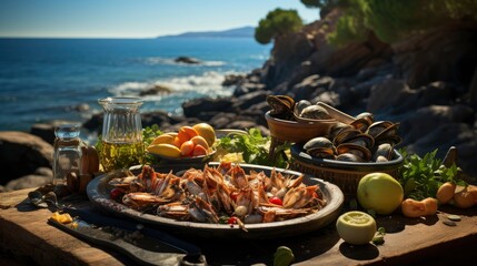 Mediterranean Feast by the Sea. - obrazy, fototapety, plakaty