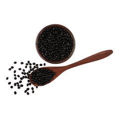 Black Beans in Wooden Bowl and Spoon Isolated Transparent