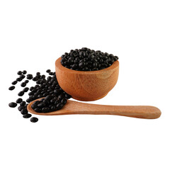 Black Beans in Wooden Bowl and Spoon Isolated Transparent