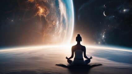Female meditating silhouette in front of the space