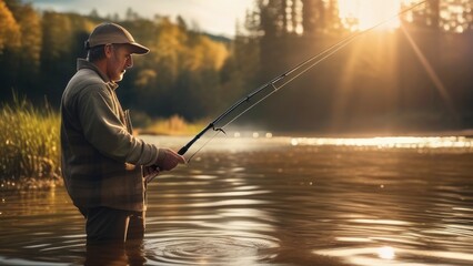 Fisherman fishing on lake or river. Picture of man doing active fishing with holding rod in hand. Stand alone in middle of river or lake. Serious concentrated guy fishing. - obrazy, fototapety, plakaty