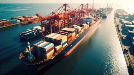 Naklejka premium aerial view of Logistics and transportation of Container Cargo ship with working crane bridge in shipyard , logistic import export and transport industry background