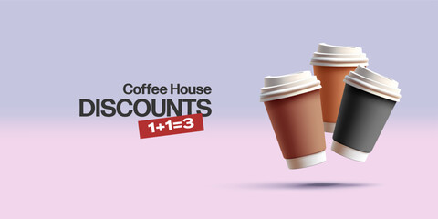 Paper multi-colored cups with lids for coffee and tea, 3D. Banner for advertising discounts on hot drinks. Vector illustration.