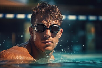 Close up of handsome young man wearing swimming goggles on the edge of pool relaxing after long swimming, taking a break and looking away. Professional male swimmer resting.