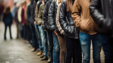 Group of people standing in a line on the street - obrazy, fototapety, plakaty