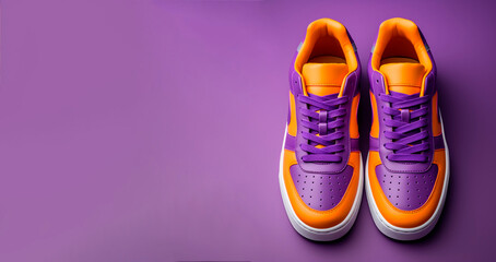 a pair of sneakers on a violet background with an empty space for copying text