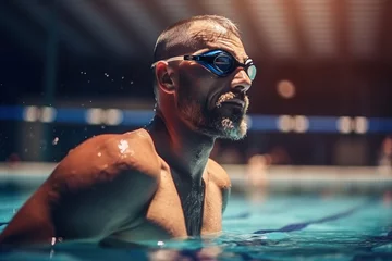 Foto op Plexiglas Shot of middle aged man wearing swimming goggles on the edge of pool relaxing after long swimming, taking a break and looking away. Professional male swimmer resting. © Bojan