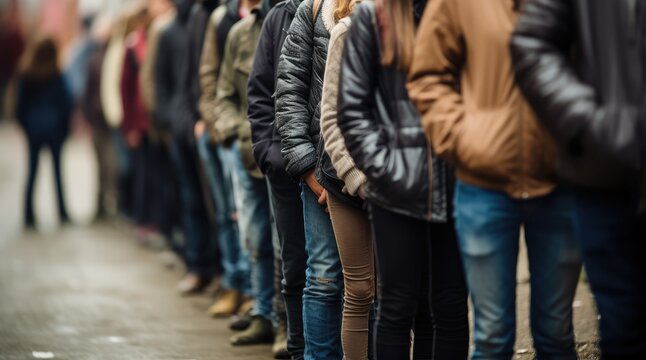 Group of people standing in a line on the street