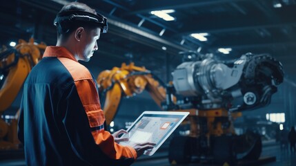 engineer Technician worker using tablet controlling robot in factory