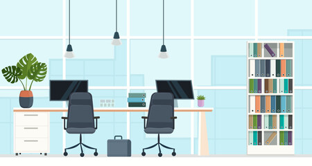 Modern coworking office interior. Large panoramic window with city skyscraper view. Desk with laptops, armchair, bookshelf. Cute cartoon design. Employee and colleague concept. Vector illustration