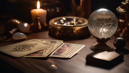 Close up shot of tarot cards and magic crystal ball