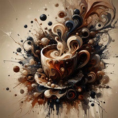 Abstract style, a hot cup of coffee, a glowing mesh, and a color splash.