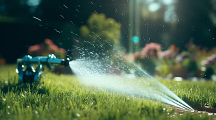 Close up automatic sprinklers system watering lawn