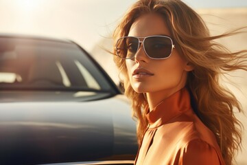 woman in sunglasses with car on background