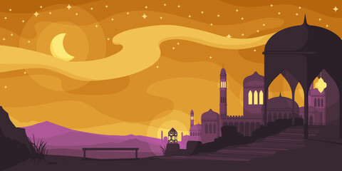 Traditional arabian mosque in sand dune desert. Night and sunset in Sahara. Islamic muslim temple, traveling and pilgrimage across middle east. Scenic landscape. Vector illustration - obrazy, fototapety, plakaty