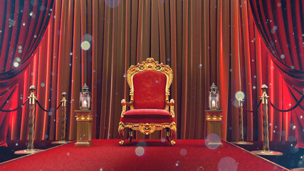 3D render of red carpet with gold barriers leading to a red king armchiar, vip concept