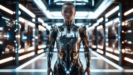 Image of a cyborg in a futuristic setting - obrazy, fototapety, plakaty