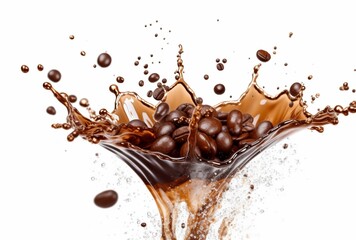 Fototapeta premium coffee chocolate splash with coffee beans isolated on white background. generative ai