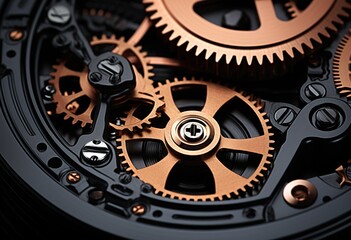Complex clockwork: close-up of the inner workings of time in black and gold