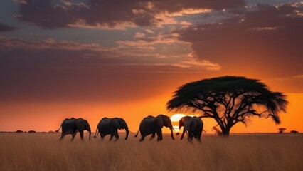 Elephants in the setting sun in the savanna