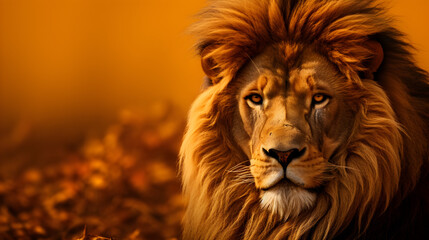 Captivating close-up of a majestic lion against a bold yellow background