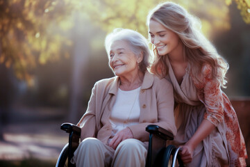 A young woman walks in the park with her old mother, who is sitting in a wheelchair. Love and care for the elderly