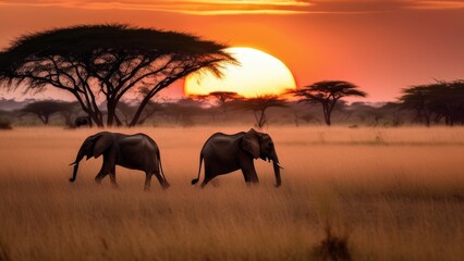 Fototapeta na wymiar Elephants in the setting sun in the savanna