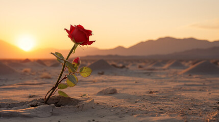 Rose rouge au milieu d'un désert aride - obrazy, fototapety, plakaty