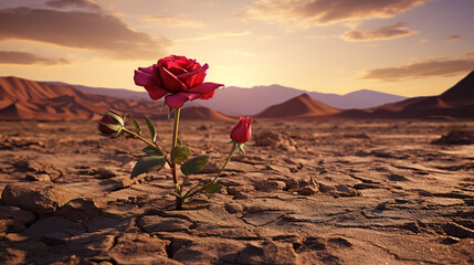 Rose rouge au milieu d'un désert aride