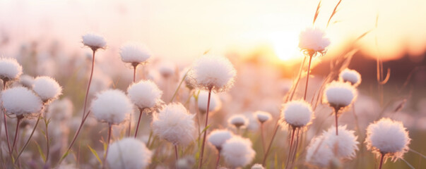 Landscape of white flowers blur grass meadow warm golden hour sunset sunrise time. - obrazy, fototapety, plakaty