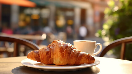 Fresh croissant and cup of coffee on the table in a cafe