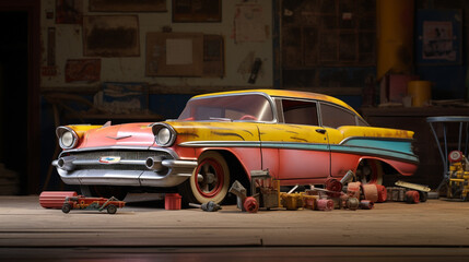 Vieille voiture vintage colorée et entourée de détritus pendant l'apocalypse