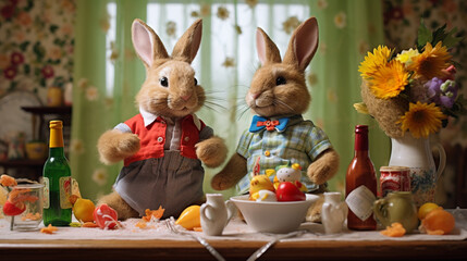 Peluche de lapins prenant le thé à Pâques