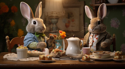 Peluche de lapins prenant le thé à Pâques