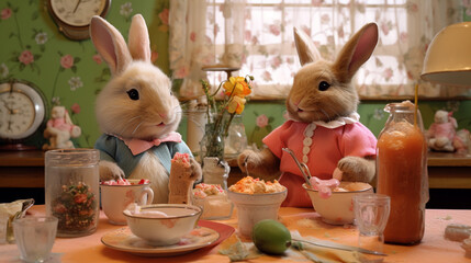 Peluche de lapins au petit déjeuner à Pâques
